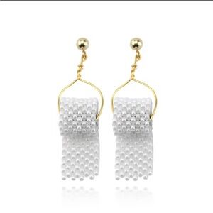 Party Toilet Paper Shape Gold and White Earrings